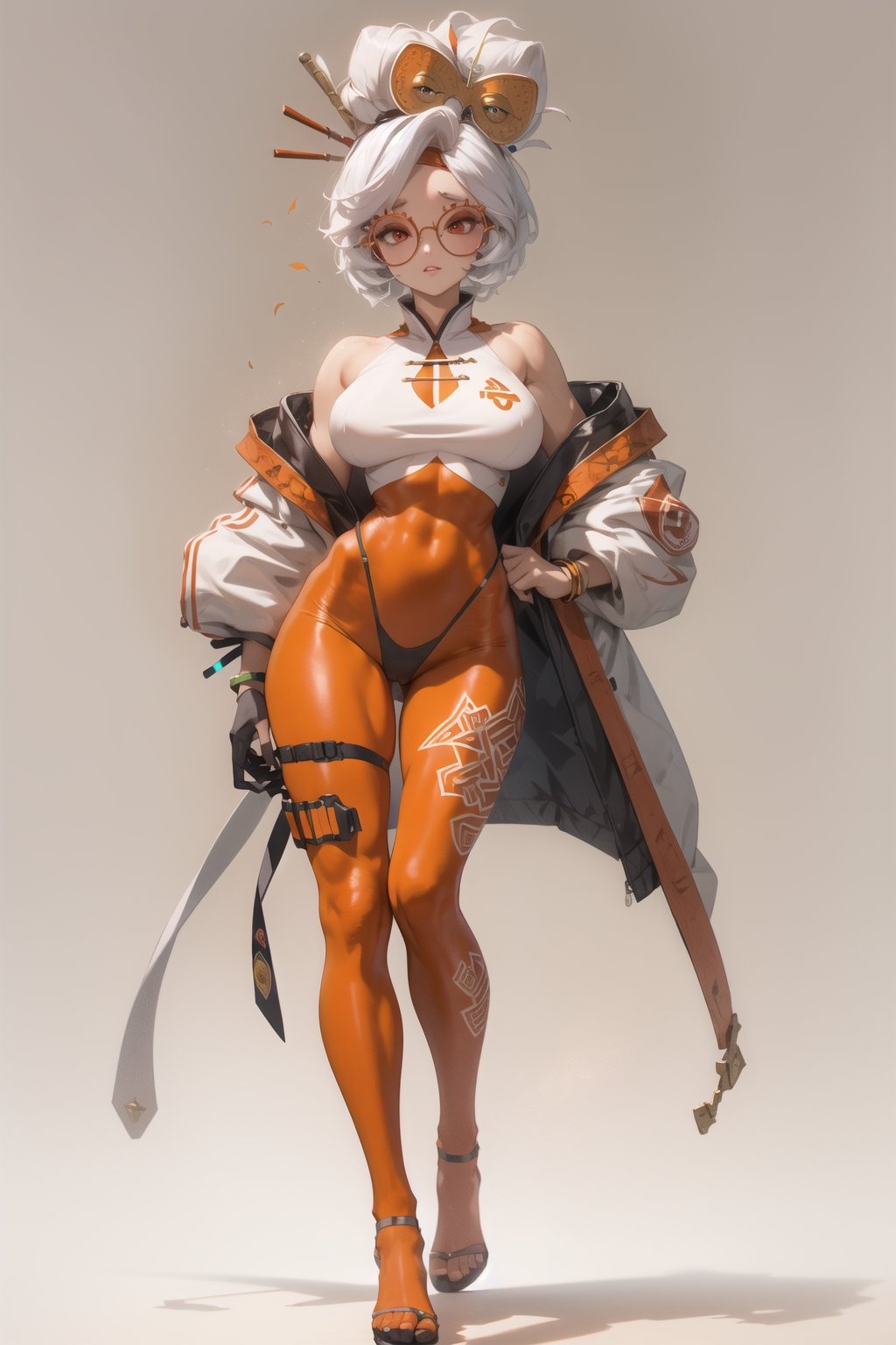 Lady, full body, white hair, Girl wearing orange tech bodysuit, orange sports leggings, tech harnesses, cargo straps, tech wear, military red pilot, plain background, no background, gradient background, 
,purah, red glasses, hair ornament, hair stick, red headband, white shirt, (orange leggings), high heels,(bare shoulders), (sleeveless), golden leg bracelet, fall leaves,