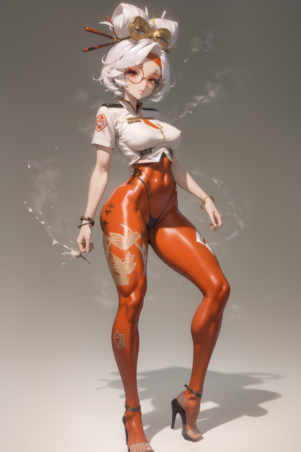 Lady, full body, white hair, Girl wearing orange tech bodysuit, orange sports leggings, tech harnesses, cargo straps, tech wear, military red pilot, plain background, no background, gradient background, 
,purah, red glasses, hair ornament, hair stick, red headband, white shirt, (orange leggings), high heels, bare shoulders, golden leg bracelet, maple_leaves,