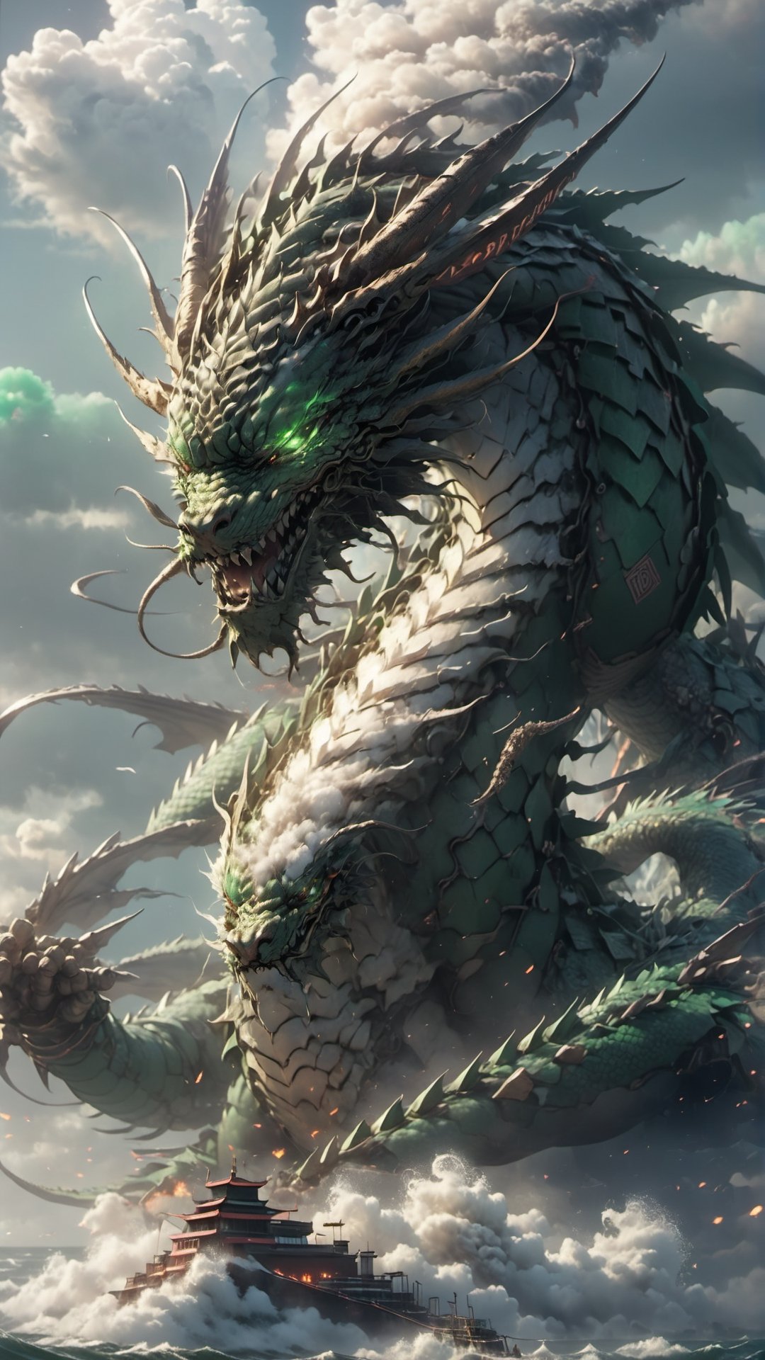 a green Chinese Dragon, half machine, machine joints, cyberpunk, metal wings ,angry expression,full body, fire, floating in tsunami, ocean,cloudy_sky,cinematic lighting,strong contrast,high level of detail,Best quality,masterpiece,, . Extremely high-resolution details, photographic, realism pushed to extreme, fine texture, incredibly lifelike, leggendary  HD,3d