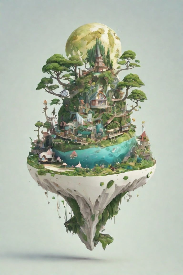 (best quality), (4k resolution), creative illustration of a miniature world on a white pedestal. The world is a green sphere with various natural and artificial elements. There is a river, trees, mountains, and a small house on the sphere. The image has a minimalist style with a light color palette that creates a contrast with the white background. The image gives a sense of wonder and curiosity about the tiny world and its inhabitants.,ff14bg,High detailed