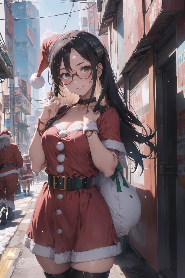 (absurdres, highres, ultra detailed), (1girl:1.3), (beautiful and aesthetic:1.3), brown_eyes, black_hair, straight hair, , (forehead:1.3), glasses, smile, BREAK (Santa Claus:1.3),(Cyberpunk Santa's sleigh:1.5)