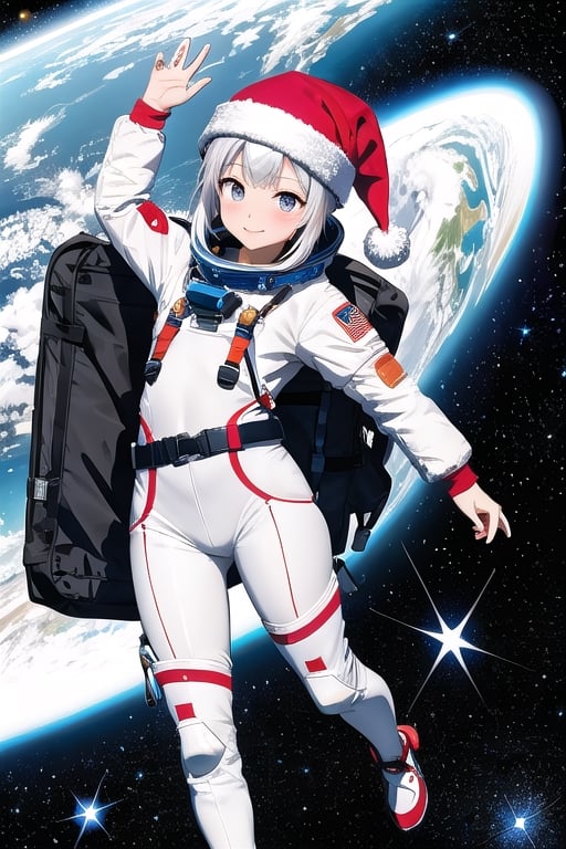 lustration of cute girl, (anime style), (flat:1.5), BREAK, 1girl, solo, (santa claus clothes),white hair, bangs bangs, full body, Looking viewer, (space suit:1.2),