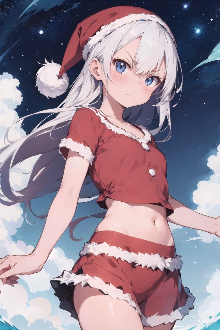 lustration of cute girl, (anime style), (flat:1.5), BREAK, 1girl, solo, (santa claus clothes),white hair, bangs bangs, full body, Looking viewer, (angry:1.5),
