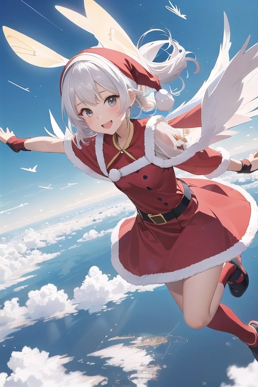 lustration of cute girl, (anime style), (flat:1.5), BREAK, 1girl, solo, (santa claus clothes),white hair, bangs bangs, full body, Looking viewer, (flying the sky:1.5),