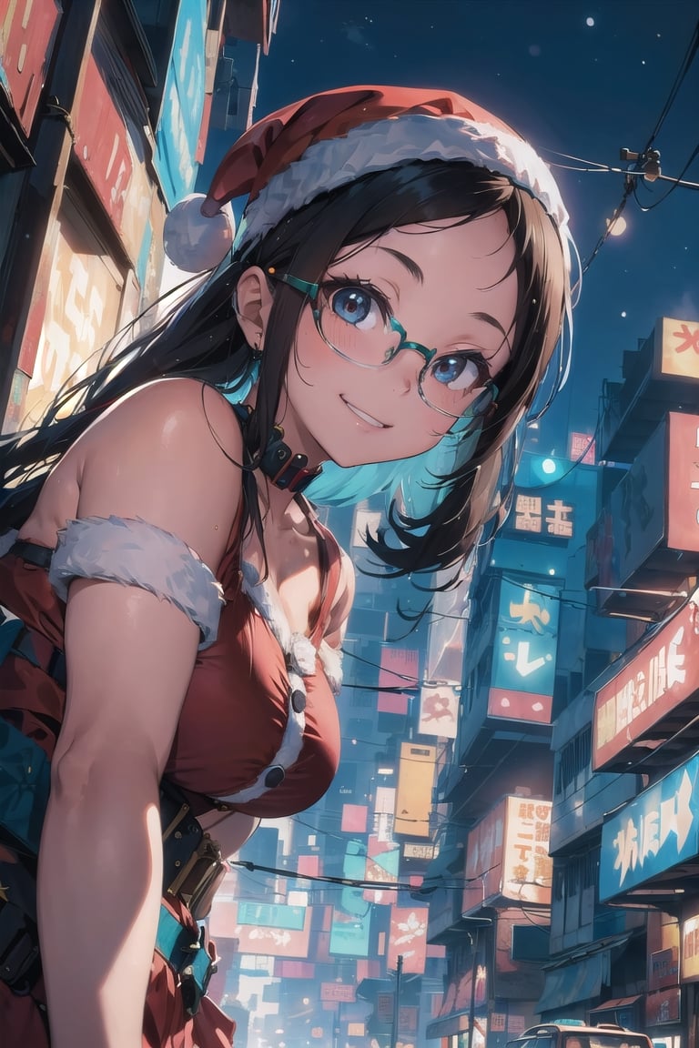 (absurdres, highres, ultra detailed), (1girl:1.3), (beautiful and aesthetic:1.3), brown_eyes, black_hair, straight hair, , (forehead:1.3), glasses, smile, BREAK (Santa Claus:1.3),(Cyberpunk Santa's sleigh:1.5)