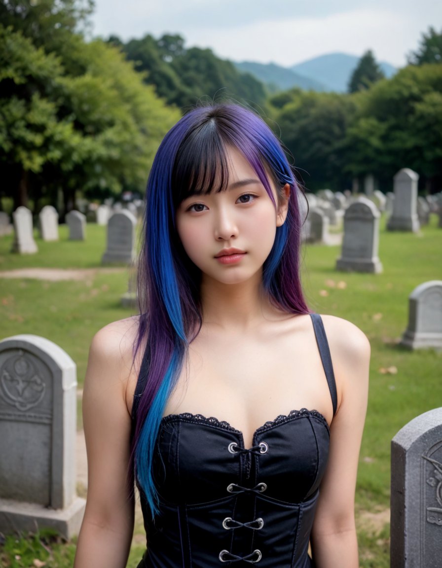 score_9, score_8_up, score_7_up, source_photo, (photography, realistic:1.4)
the beautiful Asian Japanese young woman wearing a corset and black gloves, two-tone hair, blue hair, purple hair, gothic, fantasy style, in the western graveyard, portrait