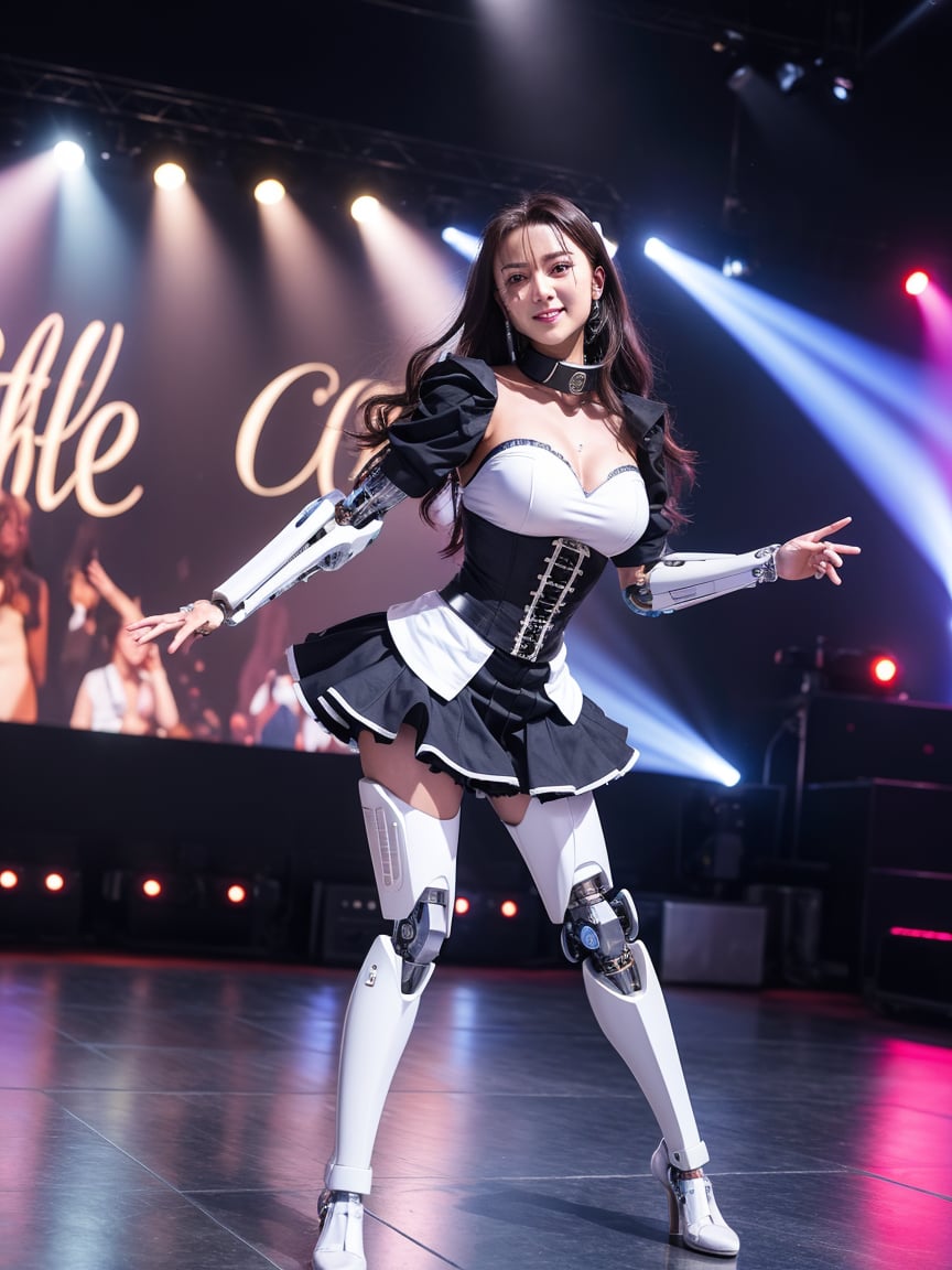 A (cyborg:1.5) young idol woman in AKB48 uniform with frilled corset is dancing on the stage, full body, best quality, masterpiece, official art, ultra high resolution, ultra detailed, (photo realistic:1.4), 8k, detailed beautiful face, detailed clothes