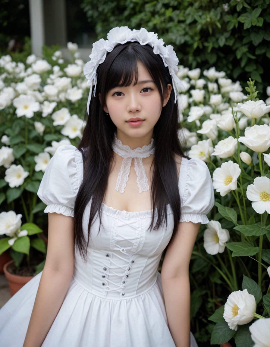 score_9, score_8_up, score_7_up, source_photo, (photography, realistic:1.4)
an Asian Japanese beautiful idol woman is wearing a white short sleeve frilled very long dress with white skirt, Lace Neckwear, gothic and lolita fasion, gothic art, is posing in the garden the garden of (white flowers:1.6)