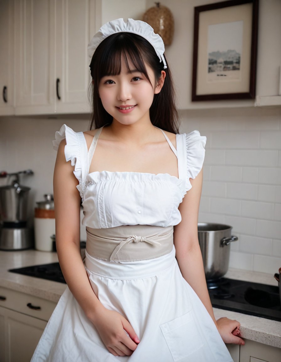 score_9, score_8_up, score_7_up, source_photo, (photography, realistic:1.4)
the beautiful  Asian Japanese young woman in (sfw, put on clothes:1.3), (nake body:0.3), (white maid apron:0.8), (wear a (cute design white apron with white obi) over a (naked body:0.5)), (white knot on waist, ruffle trim), (white shoulder strap with big ruffles), (knees skin, barefoot), is standing and posing at the kitchen room, smile