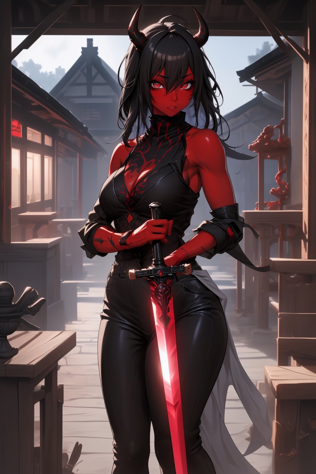 best quality, masterpiece, 8k, oni, bright red skin girl, black hair, horns, ninja, scenery, wooden house, holding_weapon, red eys,  samus 