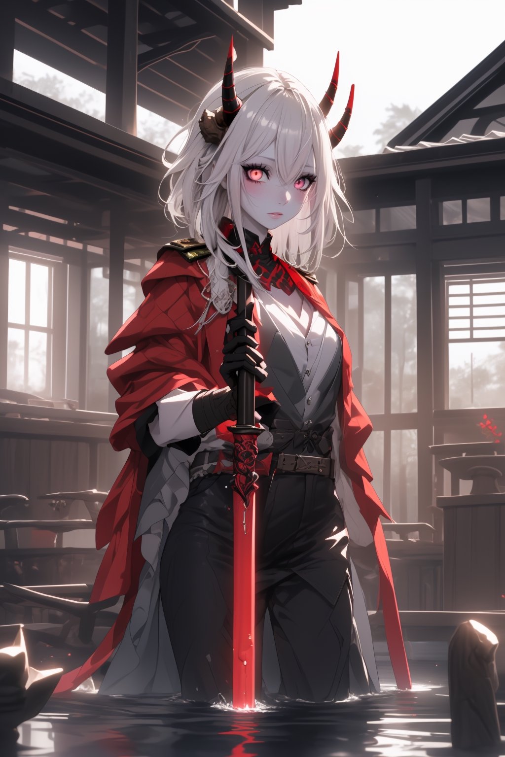 best quality, masterpiece, 8k, oni, bright red skin girl, white hair, horns, military_uniform, scenery, wooden house, spear in her hand, red eys, water