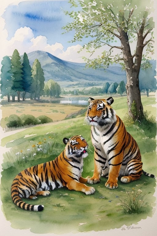 watercolor Beatrix Potter-style, tigers 