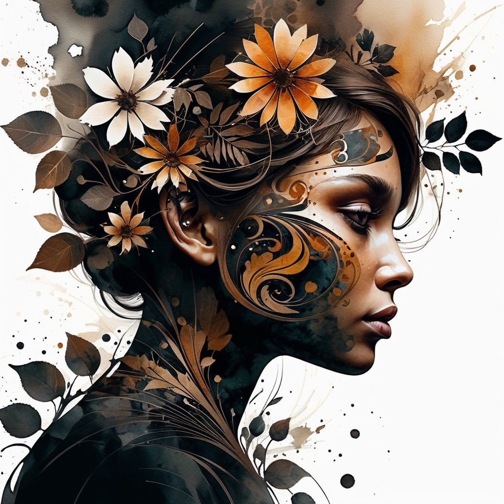 (watercolor art designed by Agnes Cecile:0.8), dark black and  brown fractal art, Solarpunk Art, Islandpunk, Unsplash, Floral and leaves motives, silhouette, Flickr, science fiction scene, Mystical, Movie concept art
