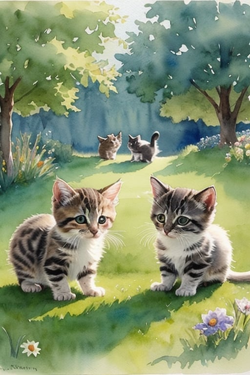 watercolor Beatrix Potter-style kittens