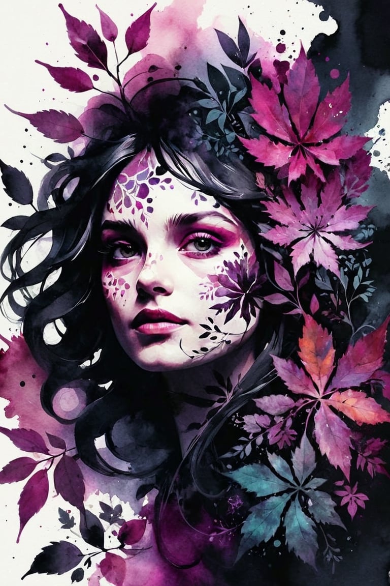 (watercolor art designed by Agnes Cecile:0.8), dark black and  magenta fractal art, Solarpunk Art, Islandpunk, Unsplash, Floral and leaves motives, silhouette, Flickr, science fiction scene, Mystical, Movie concept art
