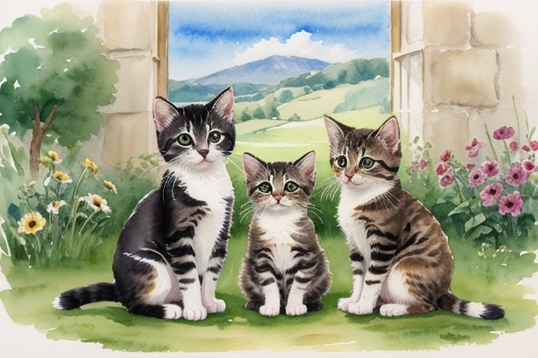 watercolor Beatrix Potter-style kittens