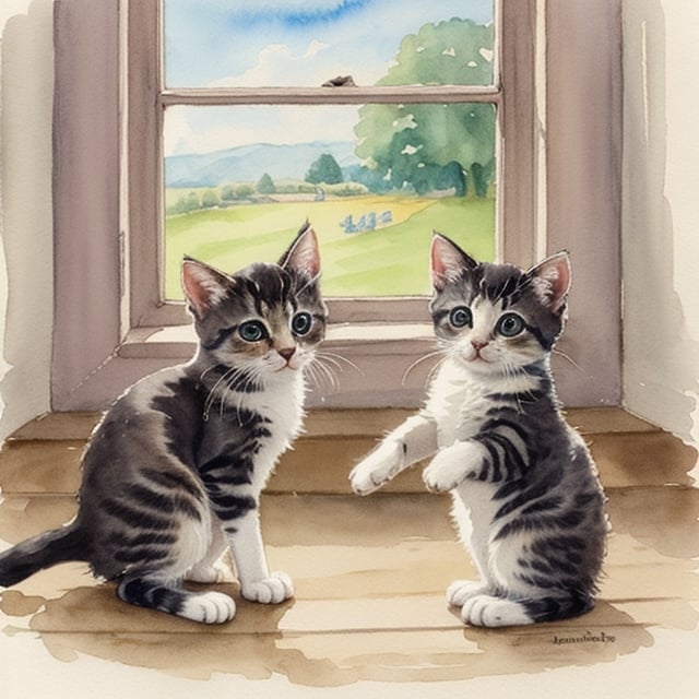 watercolor Beatrix Potter-style kittens