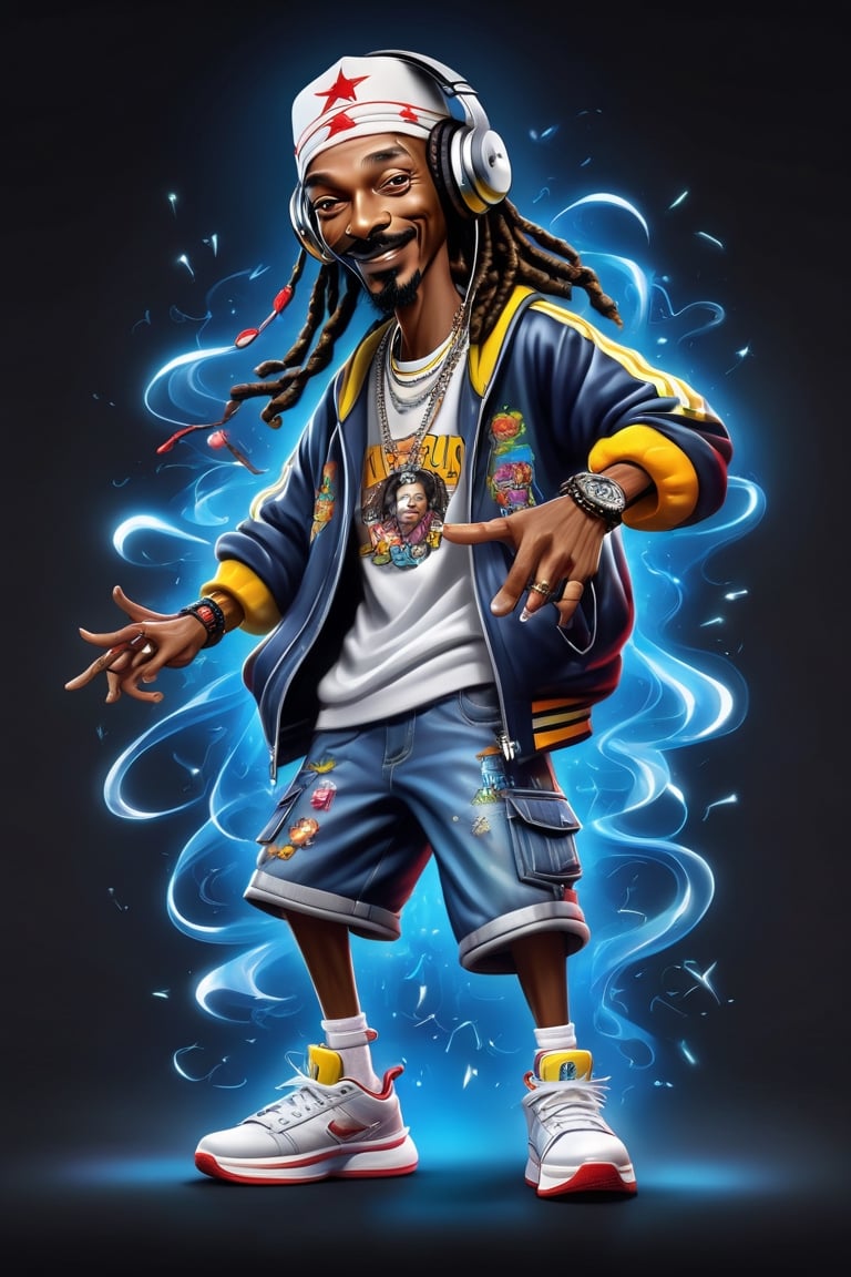 Marking. Colorful, smiling, cute and adorable rapstar Snoop Dogg, dancing, wearing headphones and Nike Jordan sneakers, adidas cap and white bandana, 3D cartoon character. hyperrealism, photorealism, beautiful, complex, incredibly detailed and award-winning photographs. dark background illuminated by neon lights