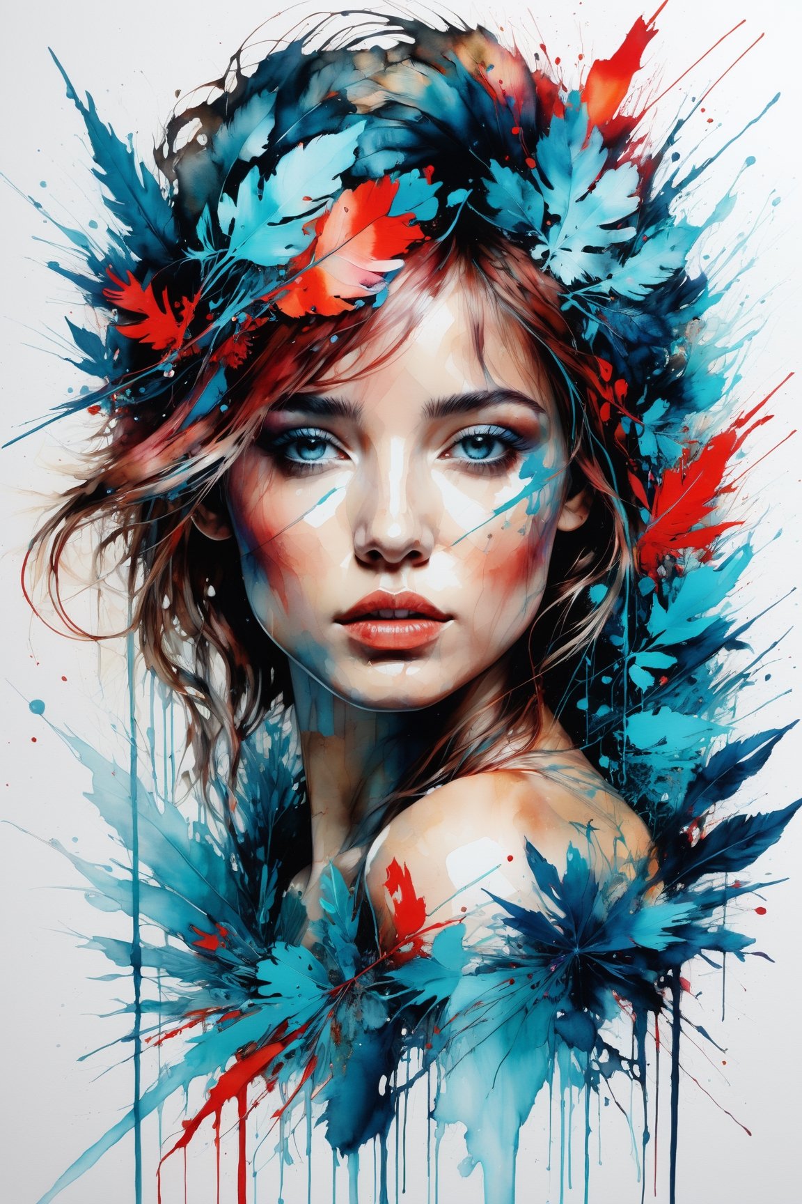 Create a digital masterpiece merging the aesthetics of a Carne Griffiths. navy red, lightblue and teal, (a beautiful young woman  should be embedded within a vibrant, abstract environment reminiscent work, full of bold shapes and vivid hues:1.8), mouth closed, [Enhance the depth and texture of the piece with the inclusion of a black ink spill effect, inspired by Carne Griffiths' style]. This piece should be illuminated and detailed using Unreal Engine, finalized in post-production to reach an elegant 8K UHD resolution, detailmaster2