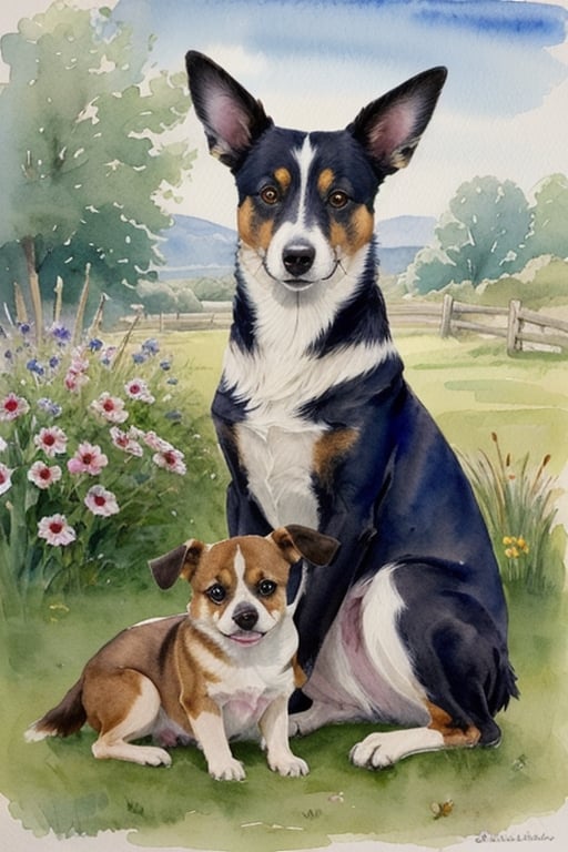 watercolor Beatrix Potter-style, dogs 