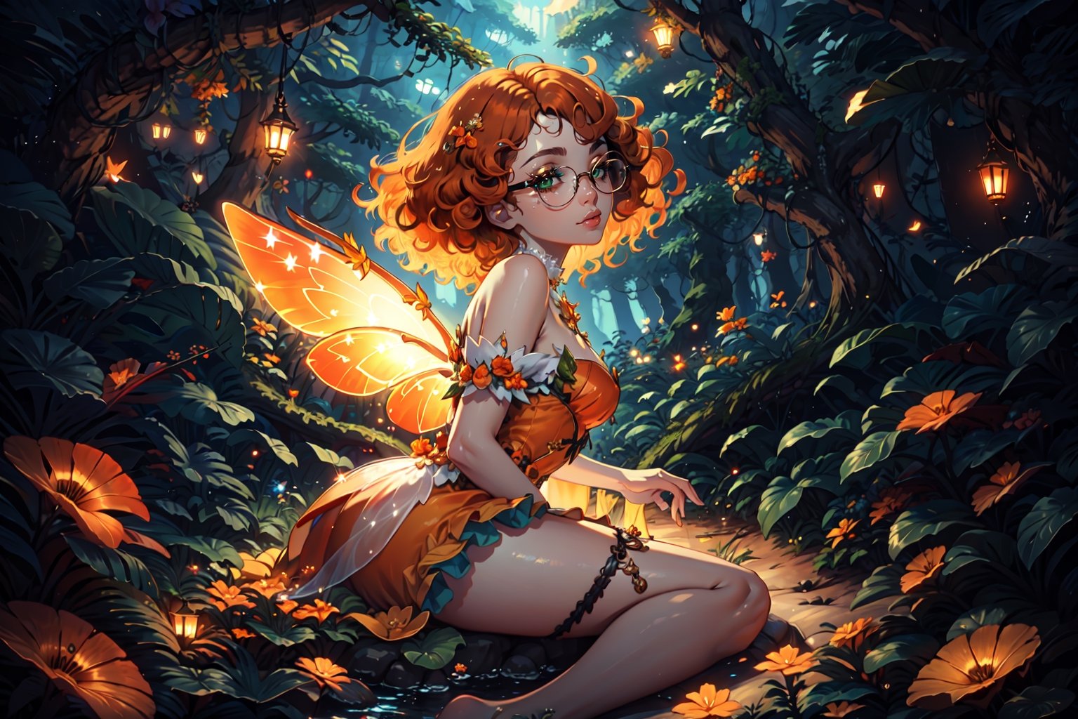 {{masterpiece}}}, {{{best quality}}}, {{{ultra-detailed}}}, {{{highres}}}, 
Fairy with green eyes, with round glasses and curly orange hair, with a short body-length dress, a little bit sexy, like that of a fairy and orange in color, with transparent wings like those of an insect sitting in a background forest, 
long hair, perfect legs, orange dress, sitting, pale skin, fair skin, (curly hair), frizzy hair, orange hair, two fairy wings,

Magic Forest, 1 girl