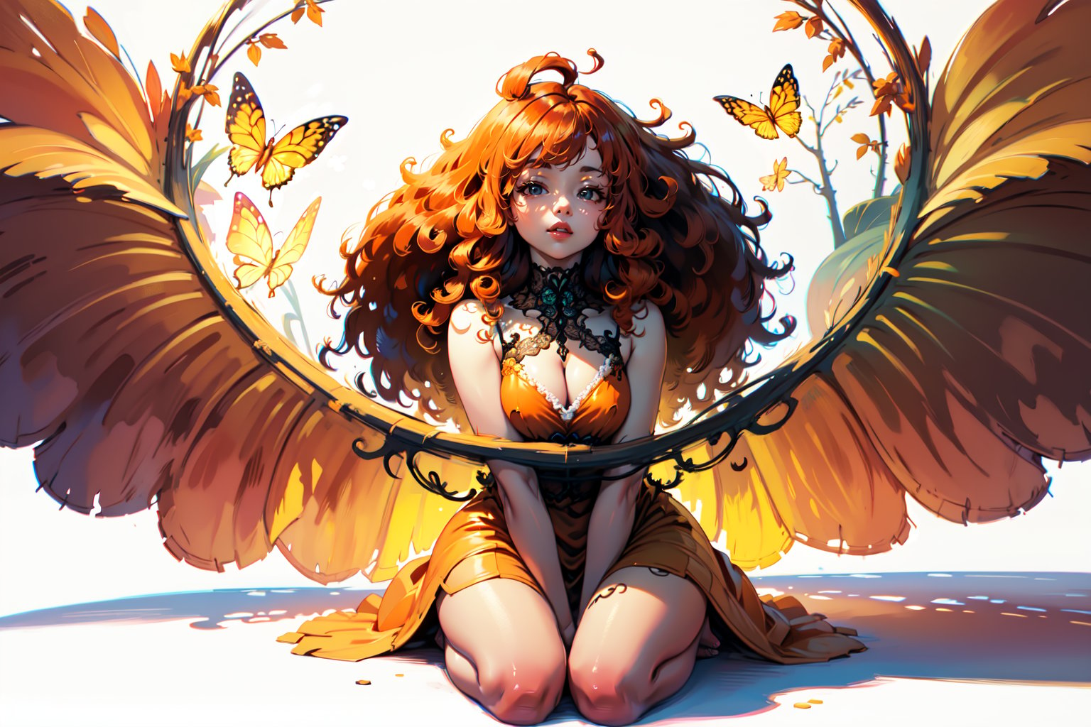 {{masterpiece}}}, {{{best quality}}}, {{{ultra-detailed}}}, {{{highres}}}, 
Fairy with green eyes, with round glasses and curly orange hair, with a short body-length dress, a little bit sexy, like that of a fairy and orange in color, with transparent wings like those of an insect sitting.
long hair, perfect legs, orange dress, sitting, pale skin, fair skin, (curly hair), frizzy hair, orange hair, (((white background))), sitting on knees, seiza,

1 girl