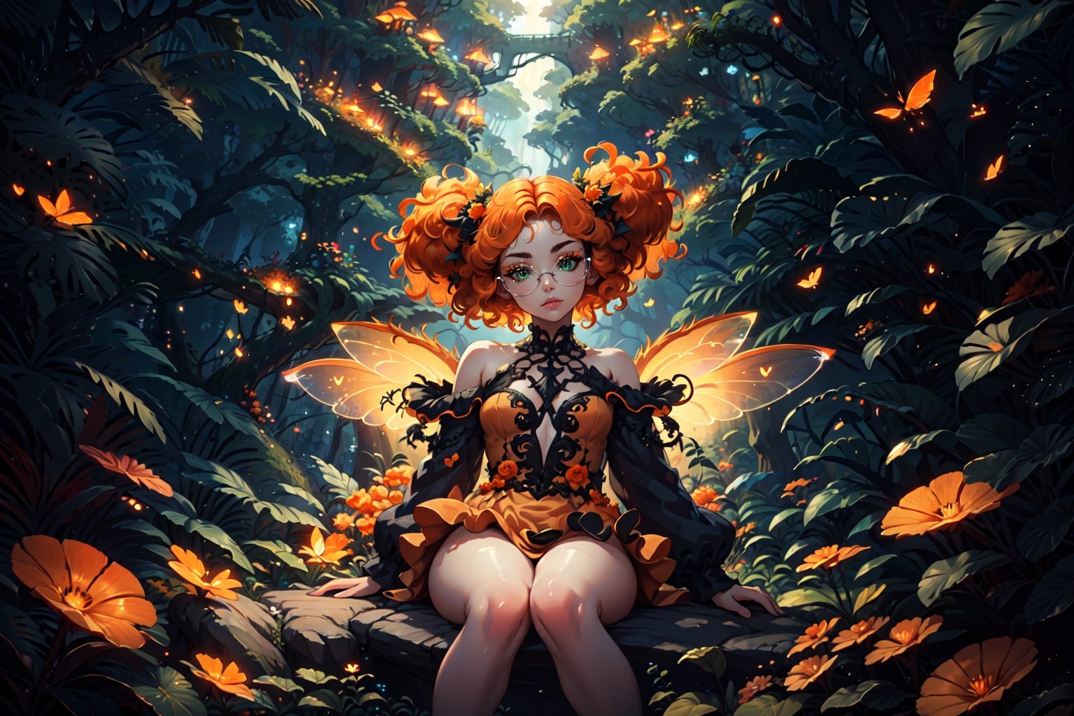 {{masterpiece}}}, {{{best quality}}}, {{{ultra-detailed}}}, {{{highres}}}, 
Fairy with green eyes, with round glasses and curly orange hair, with a short body-length dress, a little bit sexy, like that of a fairy and orange in color, with transparent wings like those of an insect sitting in a background forest, (giant forest and little fairy), 
long hair, perfect legs, orange dress, sitting, pale skin, fair skin, (curly hair), frizzy hair, orange hair, two fairy wings, transparent wings,  

Magic Forest, 1 girl