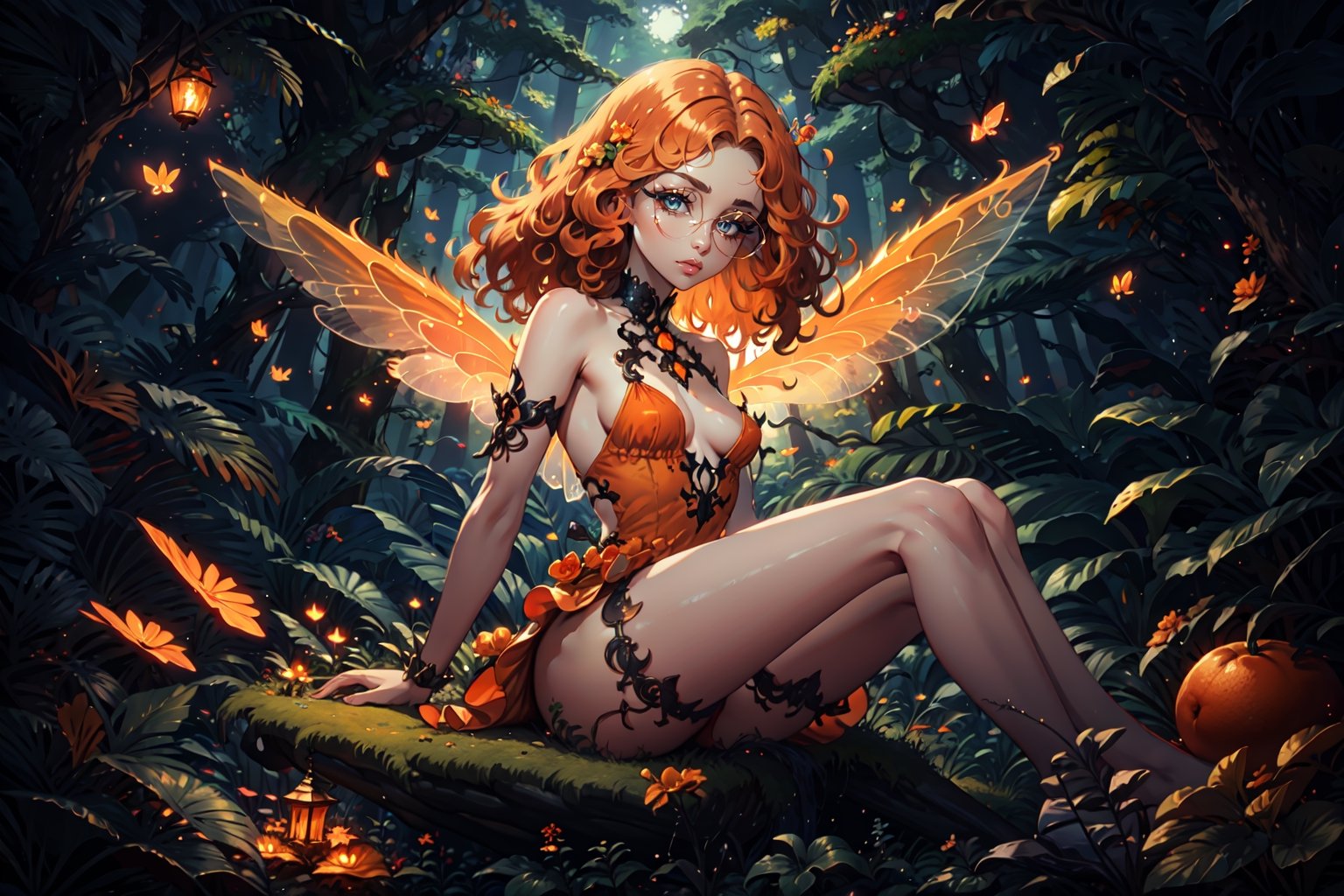 Fairy with green eyes, with round glasses and curly orange hair, with a short body-length dress, a little bit sexy, like that of a fairy and orange in color, with transparent wings like those of an insect sitting in a background forest, long hair, curly hair, perfect legs, orange dress, sitting, pale skin, fair skin,

Magic Forest, 1 girl