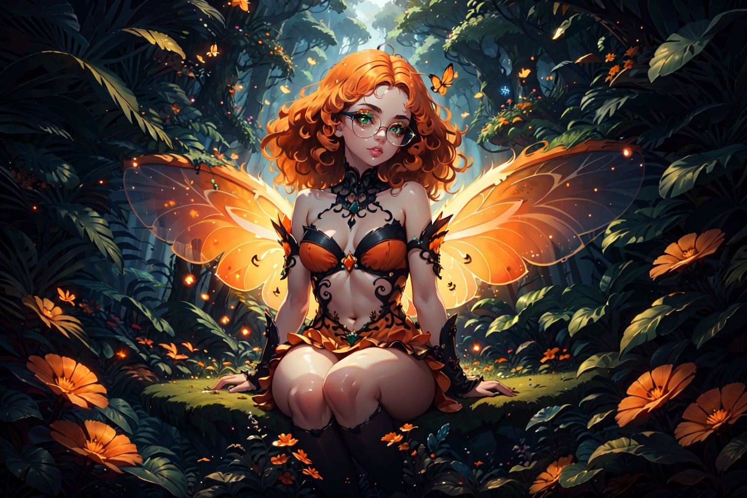 {{masterpiece}}}, {{{best quality}}}, {{{ultra-detailed}}}, {{{highres}}}, 
Fairy with green eyes, with round glasses and curly orange hair, with a short body-length dress, a little bit sexy, like that of a fairy and orange in color, with transparent wings like those of an insect sitting in a background forest, 
long hair, perfect legs, orange dress, sitting, pale skin, fair skin, (curly hair), frizzy hair, orange hair,

Magic Forest, 1 girl