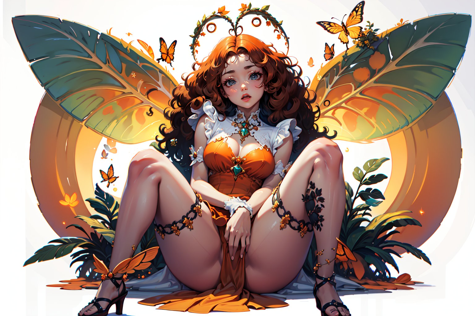{{masterpiece}}}, {{{best quality}}}, {{{ultra-detailed}}}, {{{highres}}}, 
Fairy with green eyes, with round glasses and curly orange hair, with a short body-length dress, a little bit sexy, like that of a fairy and orange in color, with transparent wings like those of an insect sitting.
long hair, perfect legs, orange dress, sitting, pale skin, fair skin, (curly hair), frizzy hair, orange hair, (((white background)))

1 girl