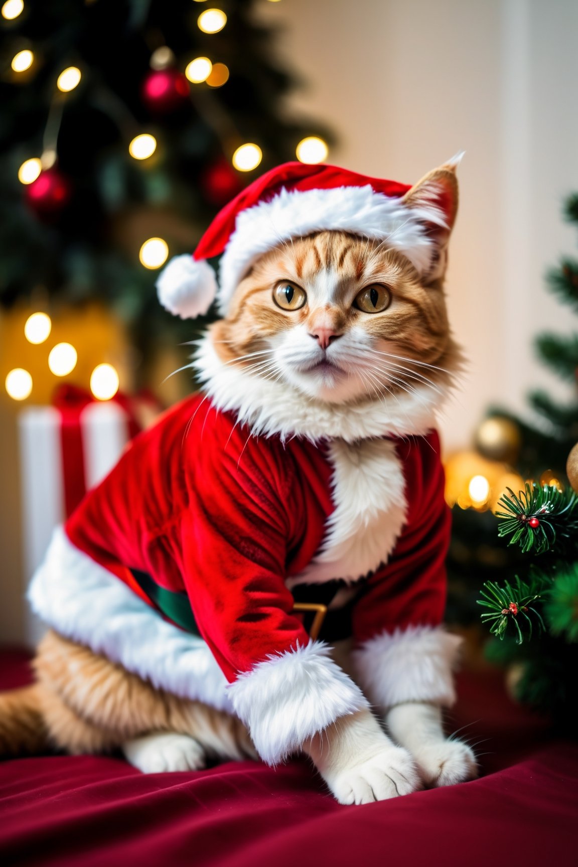 RAW photo, dynamic photo of santa cat, 8k uhd, dslr, soft lighting, high quality, film grain, Fujifilm XT3