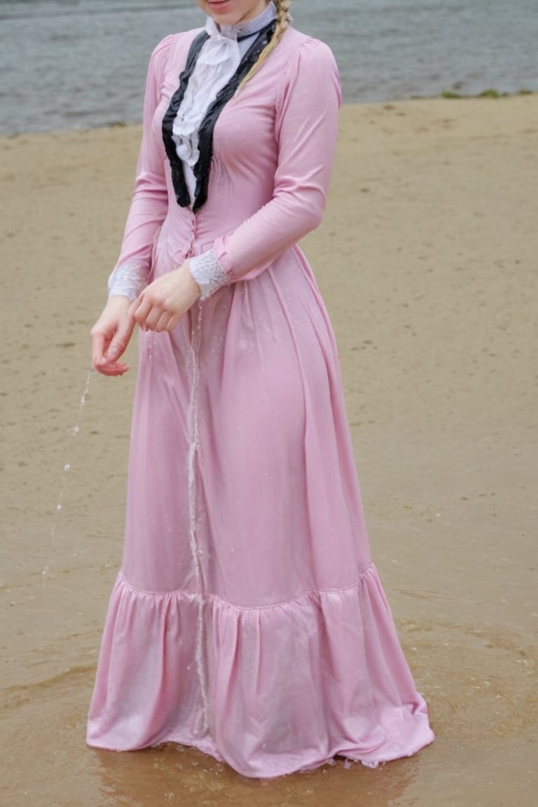 Dripping wet, blonde, braided hair,victorian dress,soakingwetclothes