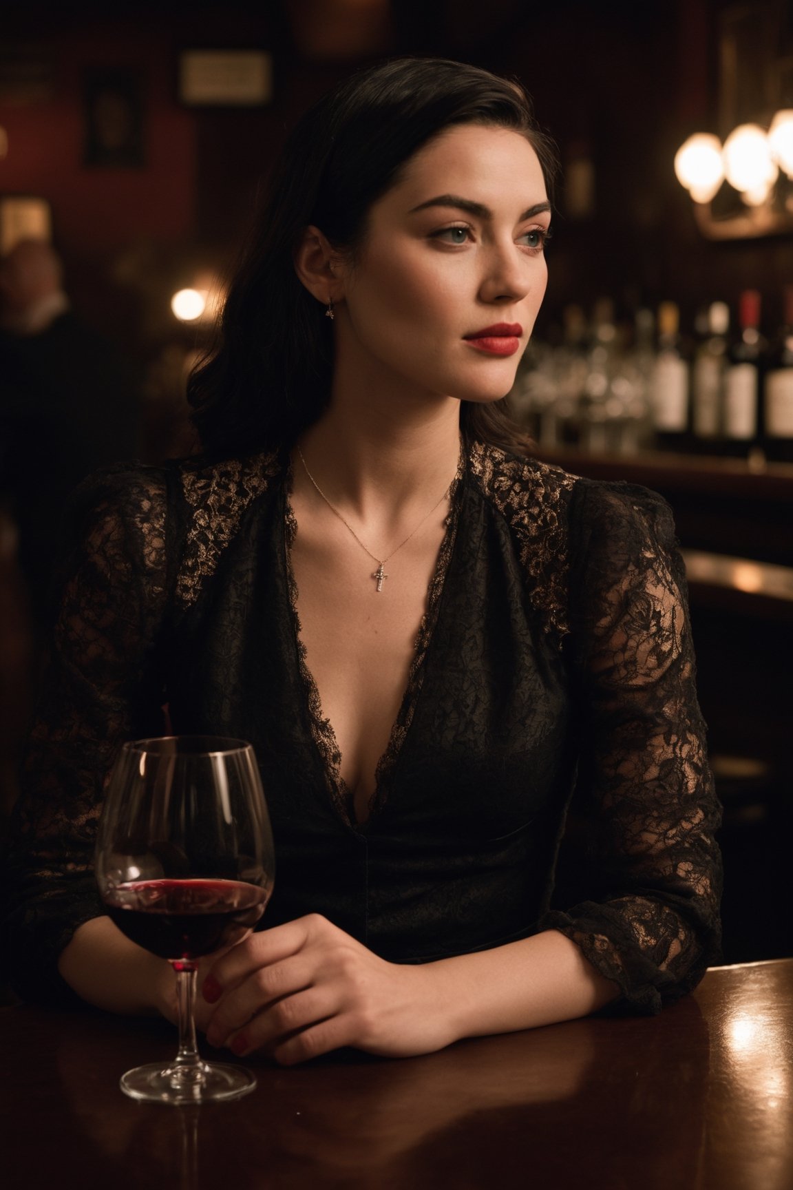 Candid Photo, Dimly lit, Cuckoo, Horror, Amaro, Looking forlorn, wearing a delicate soft clothing showing shoulders and cleavage. 25 years old,  Sitting at the bar holding a glass of red wine, half full. Normal hands,