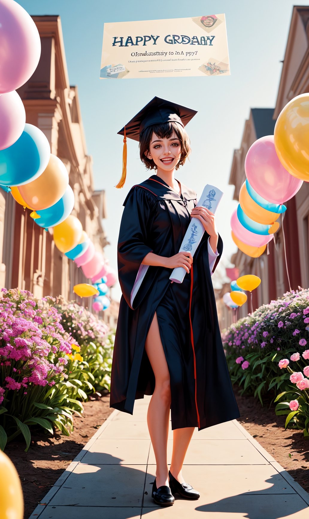 
Graduation day, girl in black graduate robe, graduation hat, with a graduation scroll, with a school in the background, diploma, poster, balloons, flowers, happy, excitedcandyland