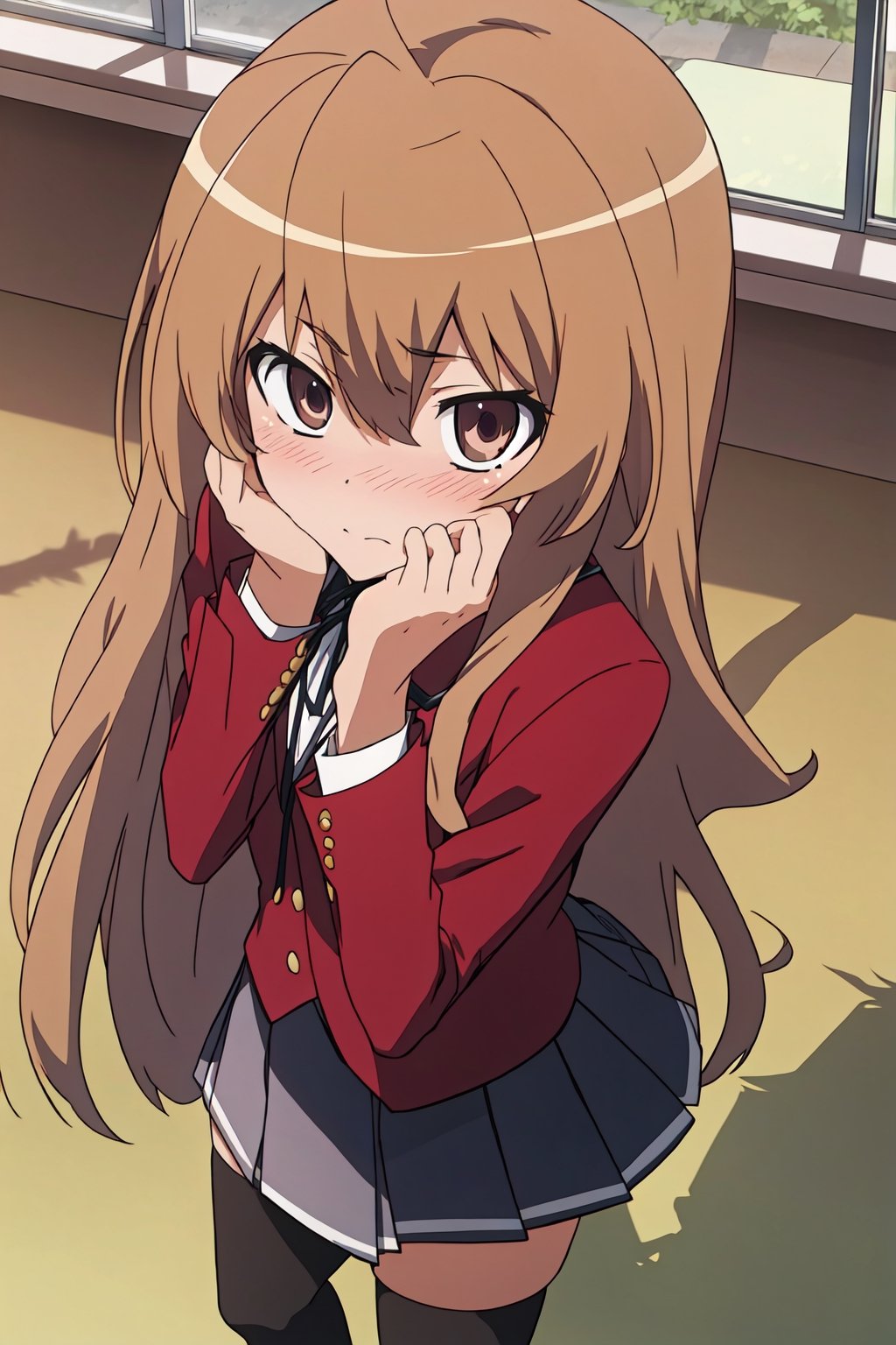 (extremely detailed CG unity 4k wallpaper),(masterpiece),(best quality),(ultra-detailed),(best illustration),(best shadow),(absurdres),(detailed background), Taiga Aisaka, 1girl, solo, long hair, aisaka taiga, thighhighs, school uniform, brown hair, oohashi high school uniform, classroom, view from above, looking at viewer, blushing, embarrassed