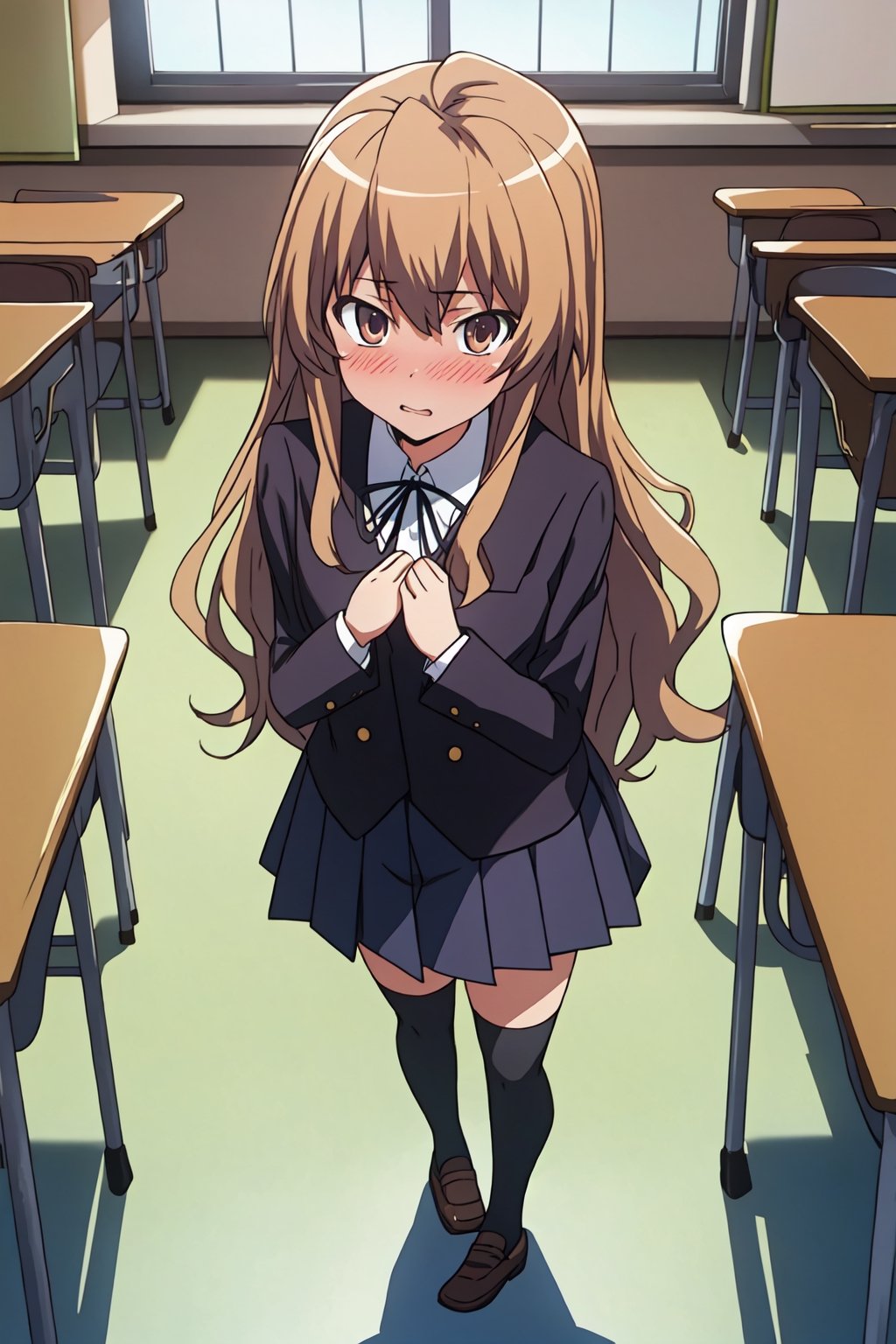 (extremely detailed CG unity 4k wallpaper),(masterpiece),(best quality),(ultra-detailed),(best illustration),(best shadow),(absurdres),(detailed background), Taiga Aisaka, 1girl, solo, long hair, aisaka taiga, thighhighs, school uniform, brown hair, oohashi high school uniform, classroom, view from above, looking at viewer, blushing, embarrassed, ((pov))