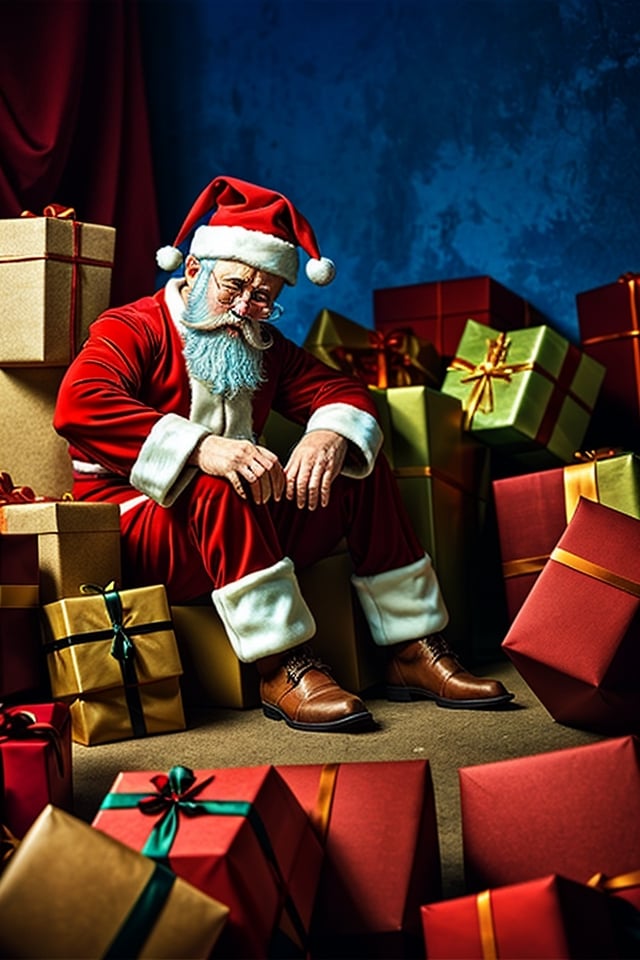 Sad Santa Claus, digital illustration, melancholic, cartoon, a disappointed expression, a red suit, a white beard, a Santa hat, tears in his eyes, surrounded by broken gifts, high resolution, dim lighting, deep shadows, a heart-wrenching scene of a beloved holiday figure facing a difficult situation