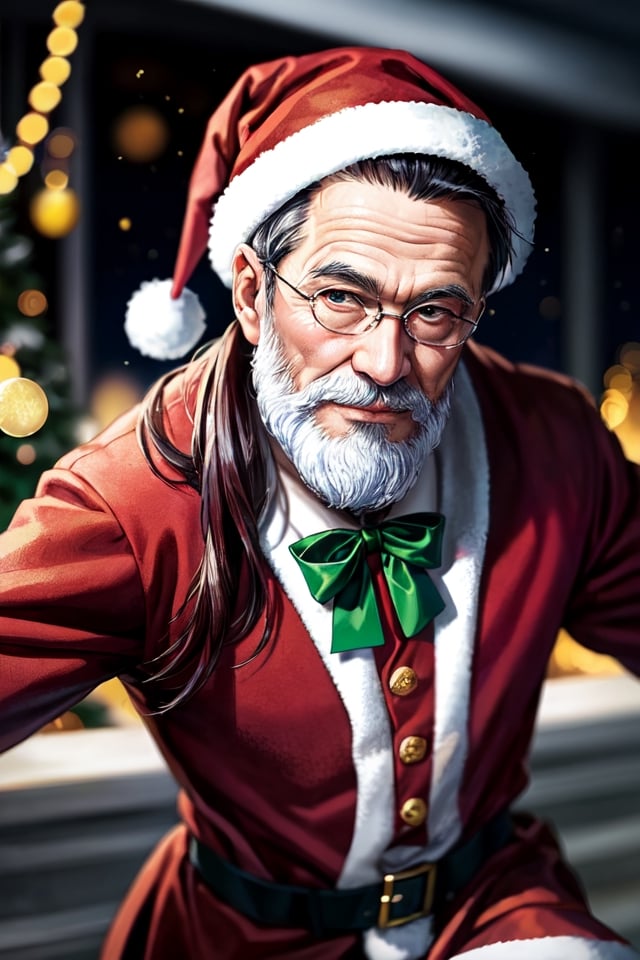 Creative anime-style Santa Claus, digital illustration, highly detailed, realistic, artistic, expression, bright eyes, flowing hair, red suit, white beard, Santa hat, high resolution, natural lighting, soft shadows, unique take, beloved holiday figure, dynamic posture, facial features, confident expression, artistic flair, imaginative, anime-inspired, long night, joyful, magical, holiday season, delightful, artistic portrayal, intricate detail, sense of realism, playful tone, must-see, fans, anime, Santa Claus, holiday-themed art.