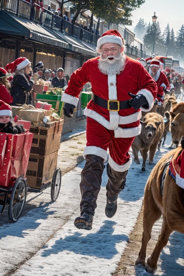 (Santa Claus running race, race track, with animals:1.1), (Santa Claus, in holiday), ((running race)), (carying bag of gifts 🎁:1.1)

((best quality)), ((masterpiece)), (detailed),  bold colors and lively textures that make the image pop. ((masterpiece)), absurdres, HDR