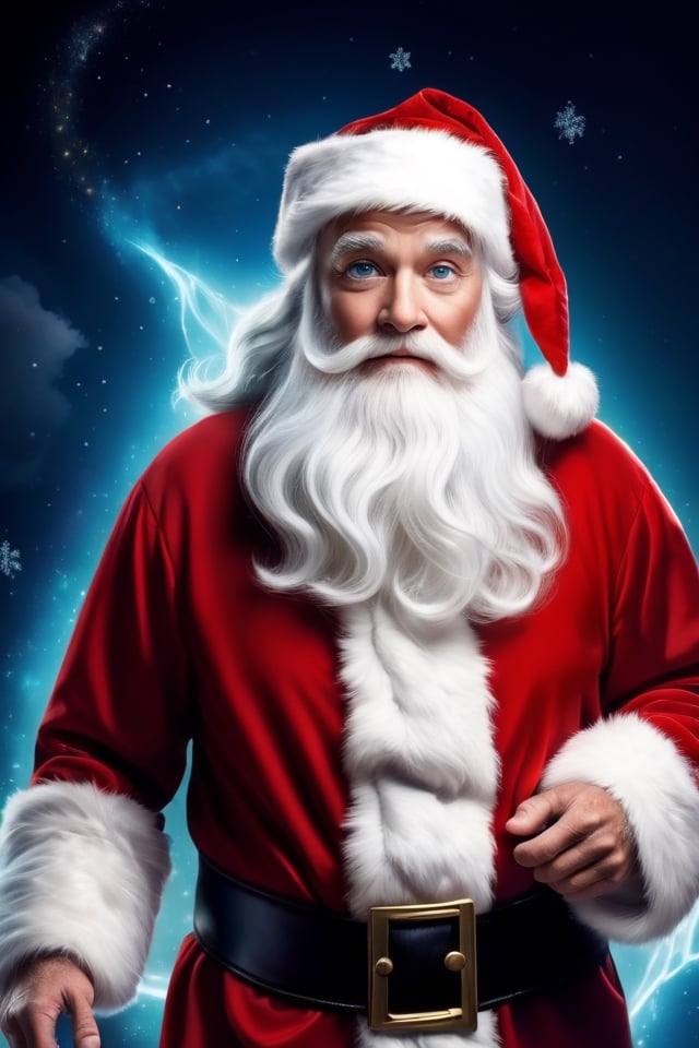 Santa Claus, digital illustration, highly detailed, realistic, artistic, expression, bright eyes, flowing hair, red suit, white beard, Santa hat, high resolution, natural lighting, soft shadows, unique take, beloved holiday figure, dynamic posture, (scared expression in face:1.2), ((Casper the ghost)), 
