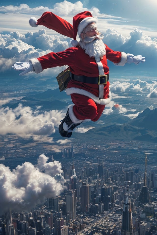 (Santa Claus flying, like a free bird, in the sky, outer space:1.4), ((flying)), (carying bag of gifts 🎁:1.1)

concept art of archangel flying over town, clouds. digital artwork, highly detailed, cinematic composition

((best quality)), ((masterpiece)), (detailed),  bold colors and lively textures that make the image pop. ((masterpiece)), absurdres, HDR