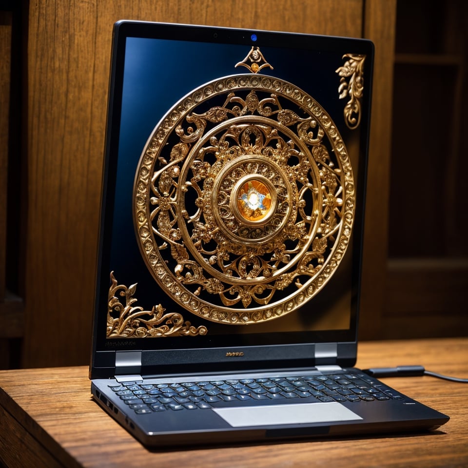 An ornate laptop, digital illustration, highly detailed, realistic, fantasy, ancient, a stone exterior, intricate carvings, precious gemstones, a glowing screen, by Alex Ross, high resolution, natural lighting, warm shadows, a fusion of ancient craftsmanship and modern technology, a one-of-a-kind masterpiece, pre historic 