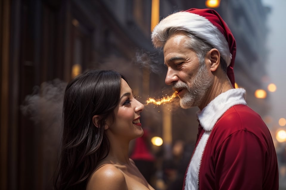Santa claus, dating, world, (meeting a beautiful women:1.3), magic fairy, twinkling, fog, smog, romantic, cupid

((best quality)), ((masterpiece)), (detailed),  bold colors and lively textures that make the image pop. ((masterpiece)), absurdres, HDR