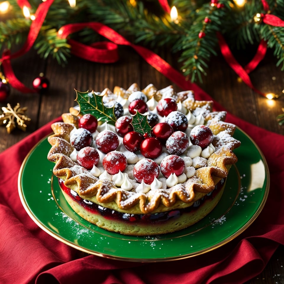 official art, high resolution, photorealistic, detailed, unique British food gift, delectable mince pie, golden flaky crust, sweet and spiced mincemeat filling, powdered sugar snow, intricate holly leaf pattern, vibrant red berries, festive green leaves, Christmas-themed wrapper, dark red ribbon, impeccable presentation, enticing aroma, traditional Christmas dessert, warm cinnamon scent, delicate pastry layers, indulgent treat, symbol of holiday cheer, festive atmosphere, crumbly texture, heavenly taste, served with a dollop of freshly whipped cream