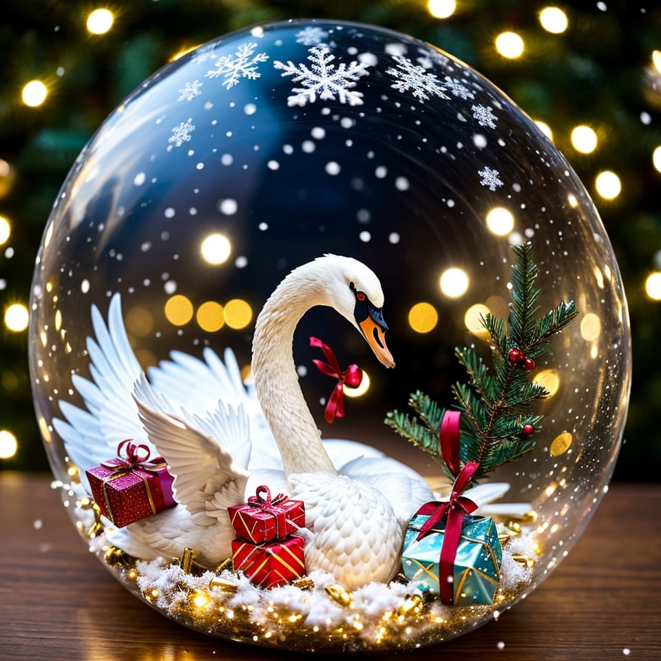 official art, high resolution, photorealistic, detailed, masterpiece, UHD, photorealistic, a stunning mythological swan, gracefully swimming in a snow globe, set in a winter wonderland scene with falling snowflakes, surrounded by beautifully wrapped Christmas presents, twinkling lights, and festive decorations, warm lighting, joyful atmosphere, looking at viewer, close-up, diagonal shot, dynamic angle