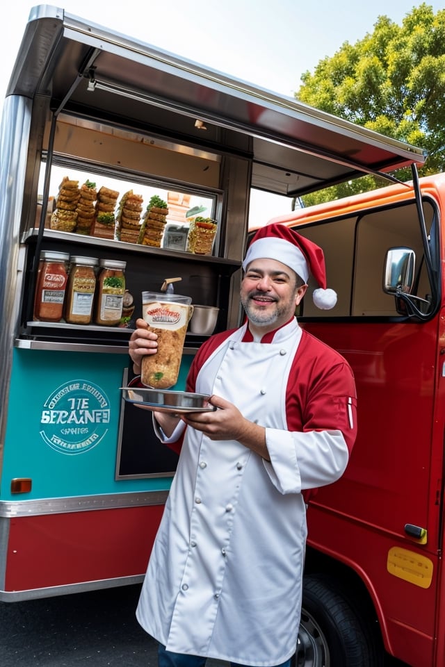 Young Santa claus, standing near the food truck, cooking, (Santa Claus like dress:1.1)

((best quality)), ((masterpiece)), (detailed), this prompt is for a mouth-watering and inviting advertisement for a new food truck. The scene features a bustling and lively food truck festival, with a new food truck prominently featured in the foreground. The truck is sleek and modern, with bold colors and clean lines that make it stand out from the others. In front of the truck, a friendly and welcoming chef stands, holding a delicious-looking dish in their hand and smiling warmly at the viewer. The dish is vibrant and colorful, with fresh and locally sourced ingredients that add to its appeal. In the background, a variety of food trucks and booths can be seen, creating a sense of excitement and energy. The lighting is bright and cheerful, casting a warm and inviting glow over the scene. The tagline for the advertisement is "Taste the difference with our new food truck", with the name and logo of the food truck prominently featured in the foreground. The overall style is fun and playful, with a focus on bold colors and lively textures that make the image pop. ((masterpiece)), absurdres, HDR