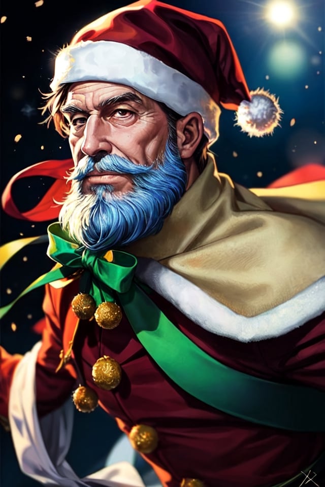 Creative anime-style Santa Claus, digital illustration, highly detailed, realistic, artistic, expression, bright eyes, flowing hair, red suit, white beard, Santa hat, high resolution, natural lighting, soft shadows, unique take, beloved holiday figure, dynamic posture, facial features, confident expression, artistic flair, imaginative, anime-inspired, long night, joyful, magical, holiday season, delightful, artistic portrayal, intricate detail, sense of realism, playful tone, must-see, fans, anime, Santa Claus, holiday-themed art.