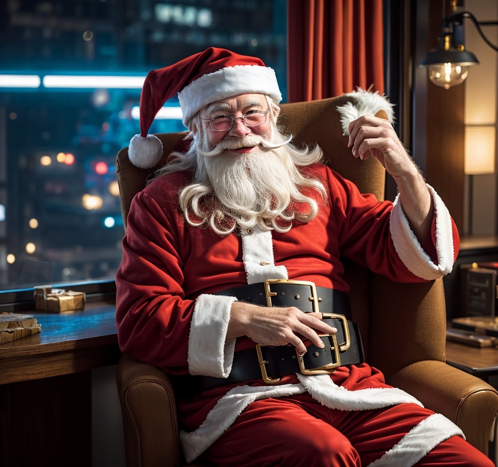 Santa claus, sitting, happy, smile, young_human, futuristic, cyberpunk, in 3000s year