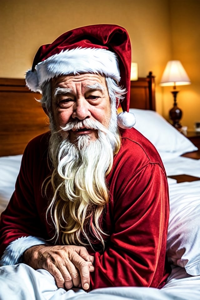 Sleepy Santa Claus, tired, humorous, exaggerated expression, droopy eyes, drooling, messy hair, pajamas, Santa Claus, high resolution, bright lighting, bold colors, playful take, beloved character, relaxed posture, facial features, drowsy expression, funny, silly, cartoonish, long night, joyful, magical, bedtime, delightful, humorous portrayal, exaggerated features, playful tone, must-see, fans, cartoon characters, bedtime-themed art.