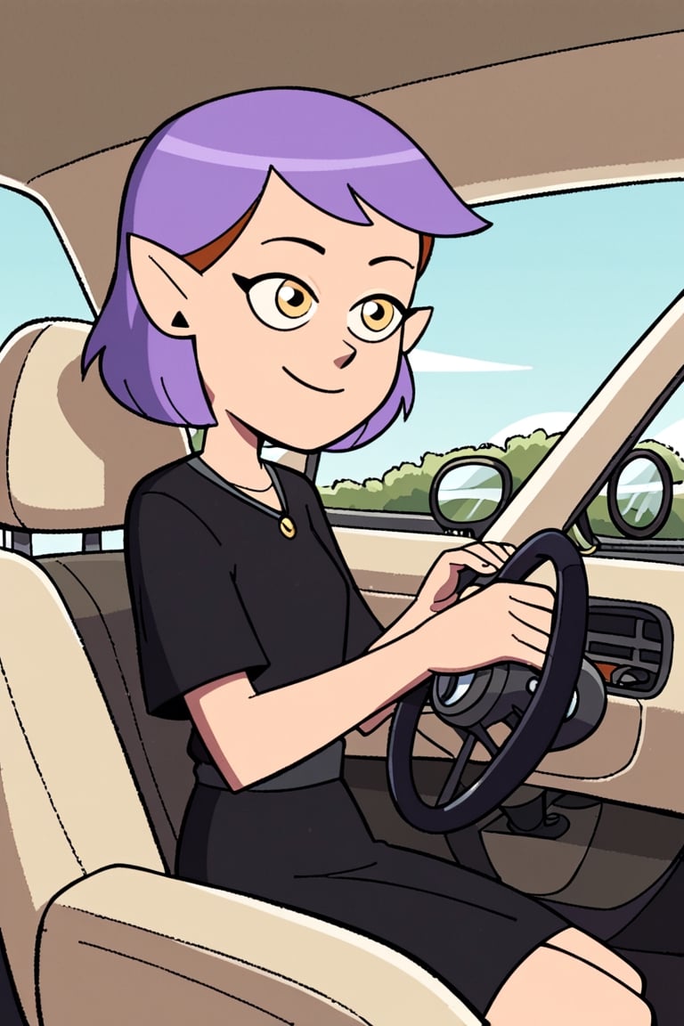 score_9, score_8_up, score_7_up, 1 teen girl, Amity Blight, short purple hair, pointy ears, black dress outfit, romantic expression, slight smile, closed mouth, yellow eyes, driving ford mustang, ford mustang interior, both hands holding the ford mustang steering wheel, cartoon,